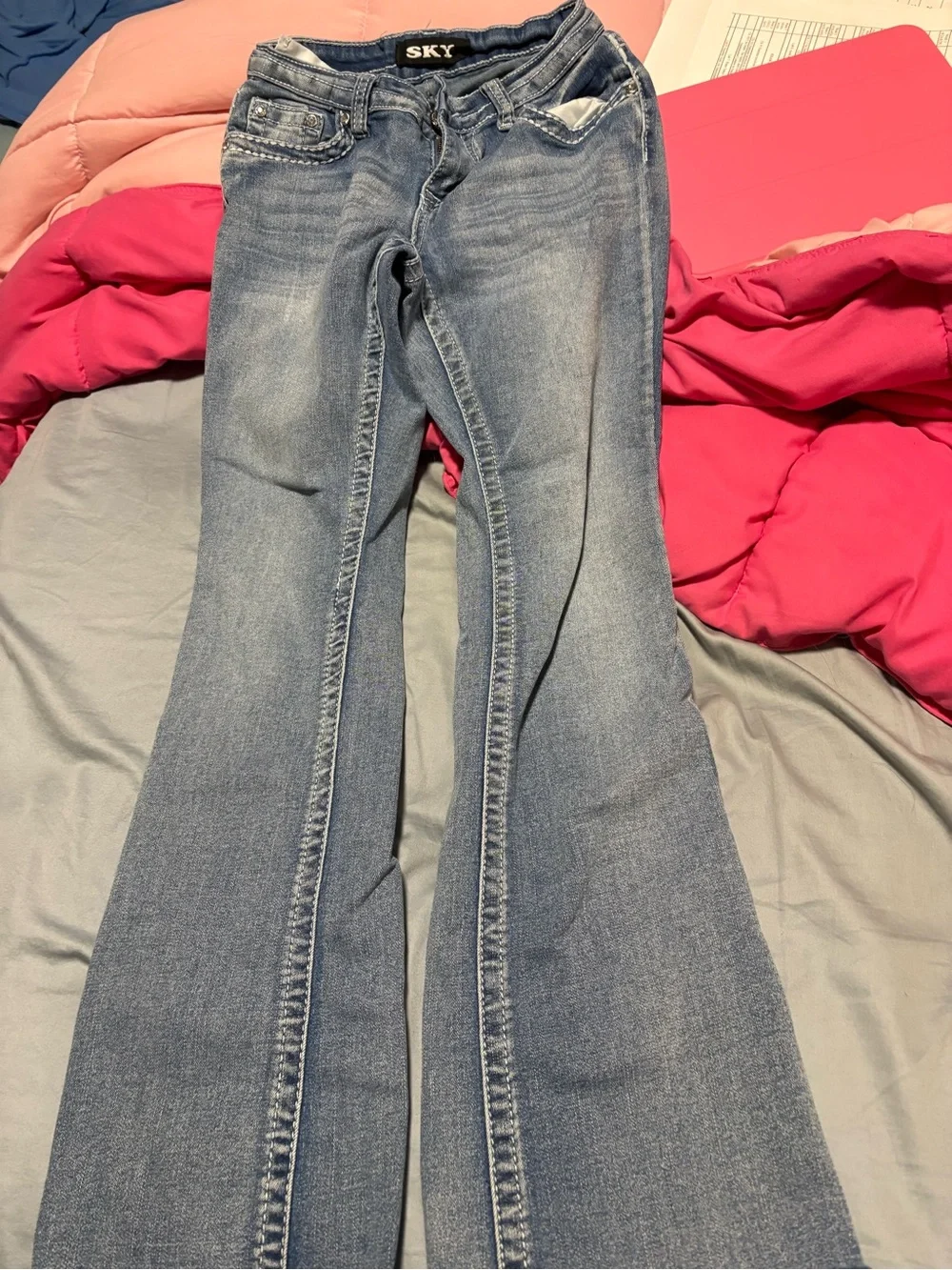 Sky Embellished Light Blue Skinny Jeans with Sequin Steer Pockets - Sky
